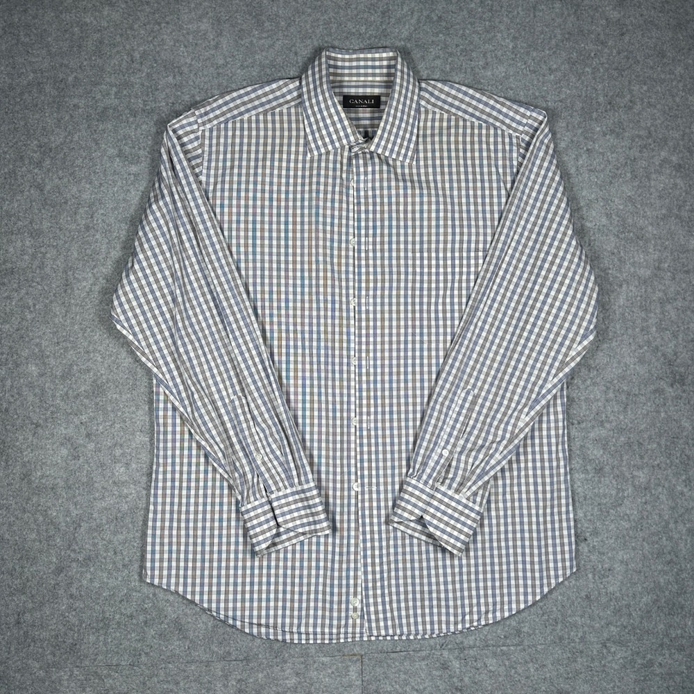Canali button down dress Shirt Mens 17/43 L/XL Plaid Long Sleeve Italy made